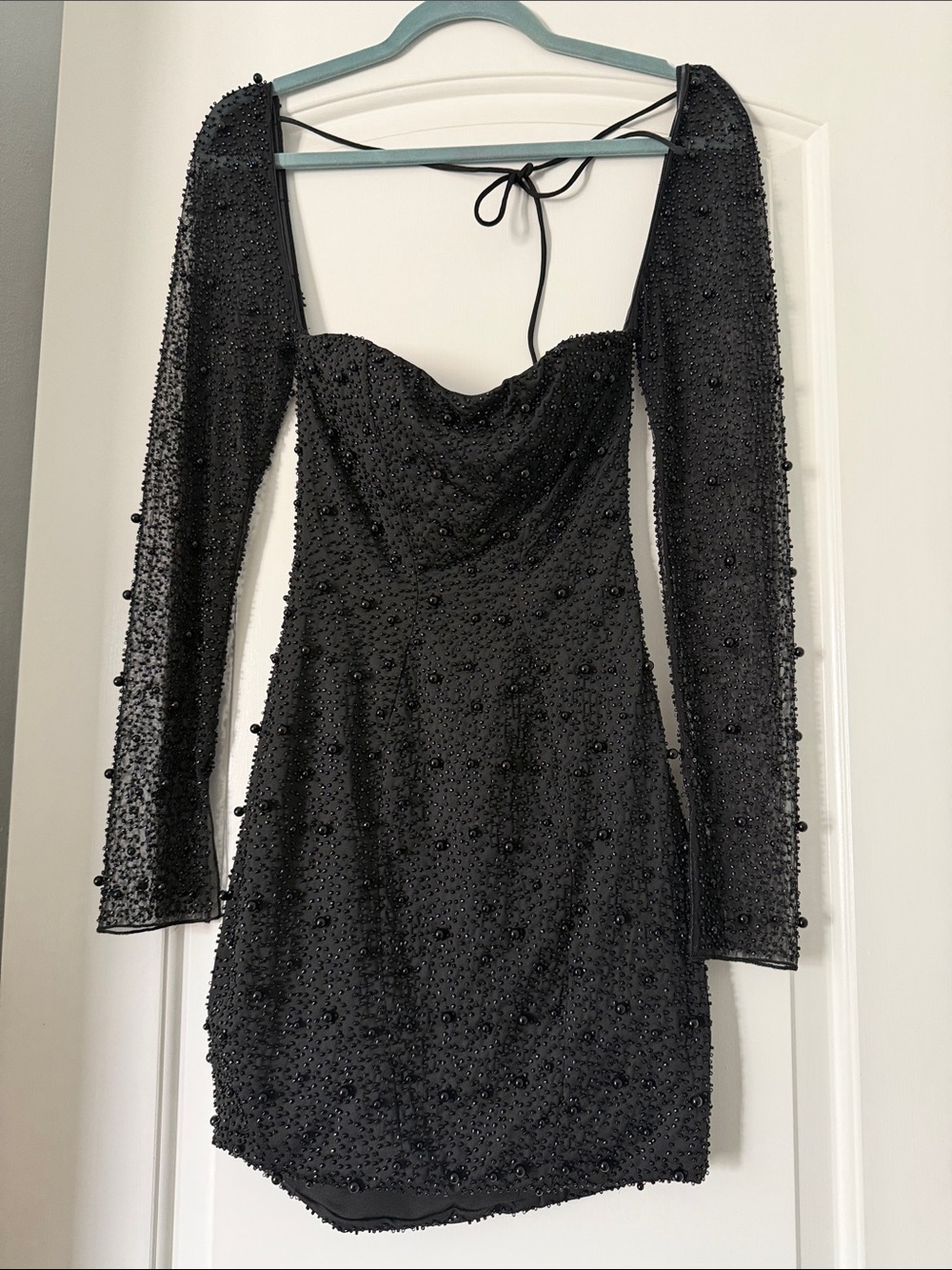 Oh Polly Black Beaded Long-Sleeve Mini Dress